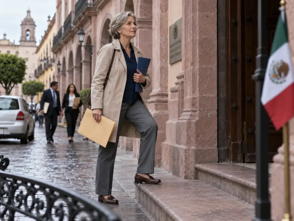 Mujer con su carpeta frente a un edificio de gobierno en el centro histórico de Querétaro para pedir su constancia de silencio