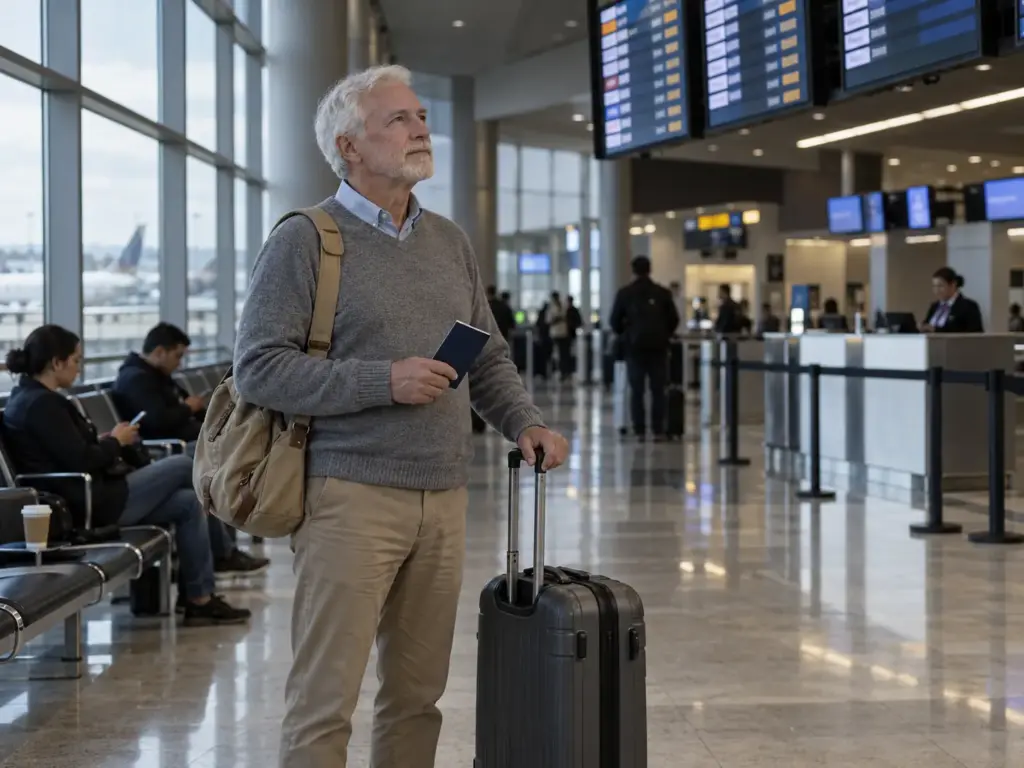 Hombre canadiense con su pasaporte en el Aeropuerto Intercontinental de Querétaro antes de viajar con una reposición en trámite