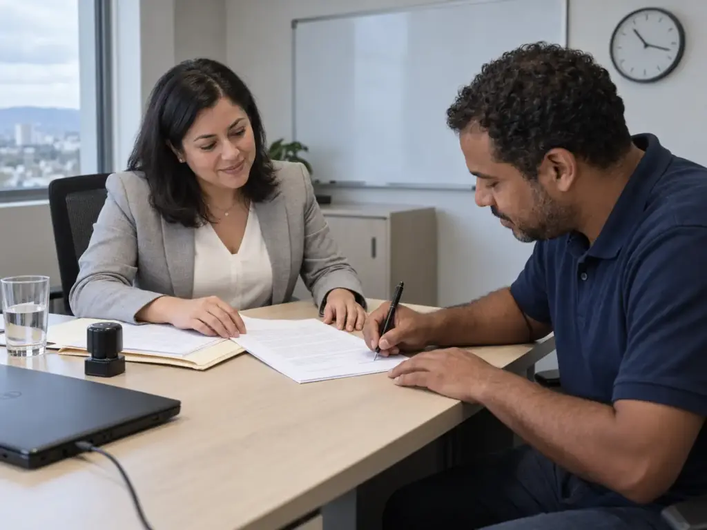 Requisitos del Contrato Laboral para Tu Visa de Trabajo 8 Gerente de recursos humanos y trabajador extranjero firmando una adenda al contrato laboral para actualizar su visa de trabajo