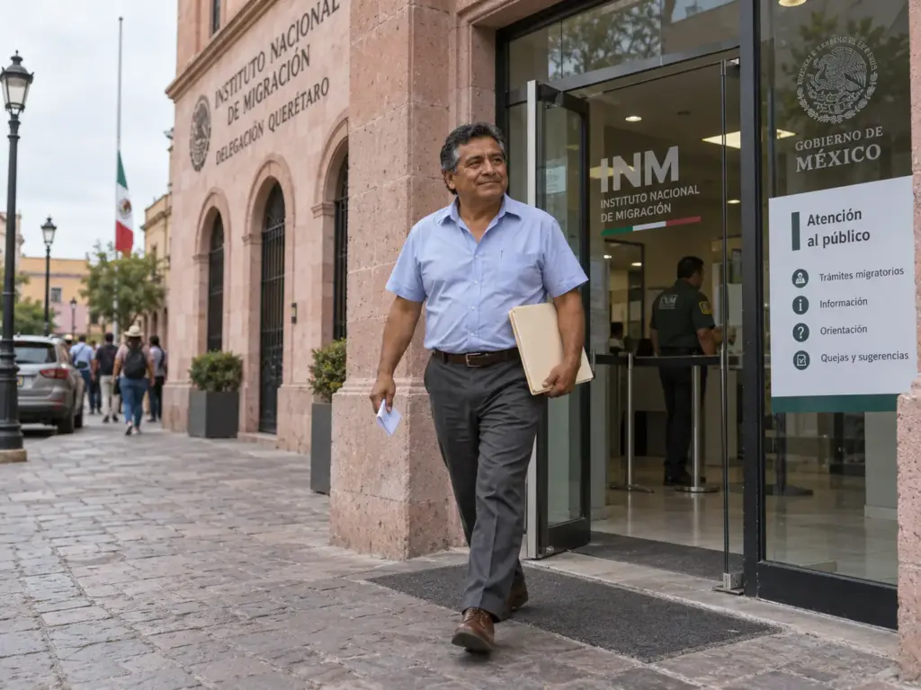 Hombre extranjero sale con su carpeta de una oficina del INM en Querétaro tras actualizar su domicilio