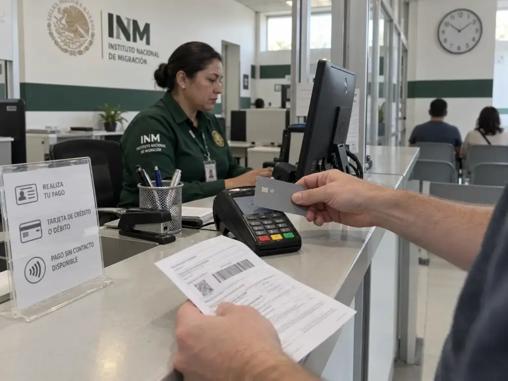 Residente extranjero pagando con tarjeta en una terminal de la oficina del INM los derechos de reposición de su tarjeta