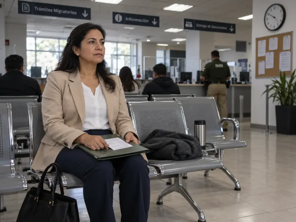 Cómo Armar la Carpeta de Evidencias para Acreditar Arraigo 9 Mujer esperando su cita en una sala de espera de oficina migratoria en Querétaro con su carpeta de evidencias lista