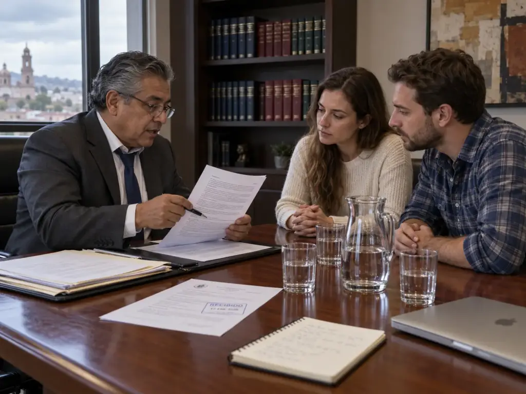 Cómo Redactar un Escrito de Aclaración por Silencio del INM 8 Abogado migratorio y una pareja extranjera revisando un escrito por silencio del INM antes de firmarlo