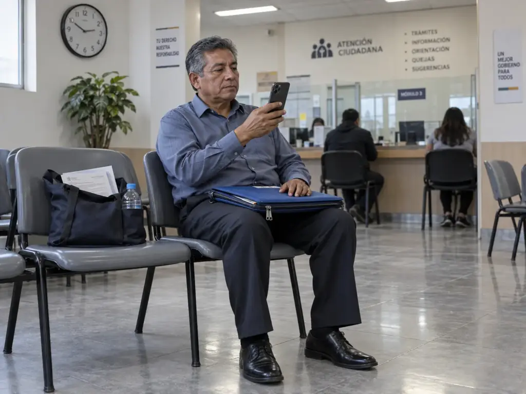 Qué Hacer si te Detienen en México con FMM Vencida 8 Familiar espera con una carpeta de documentos y el teléfono en una sala de espera mientras busca a una persona retenida