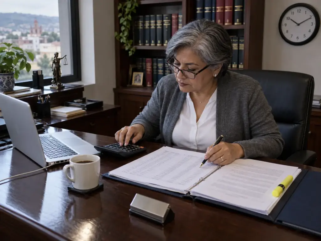 Abogada calculando en UMA las multas de la Ley de Migración de México en su escritorio del despacho