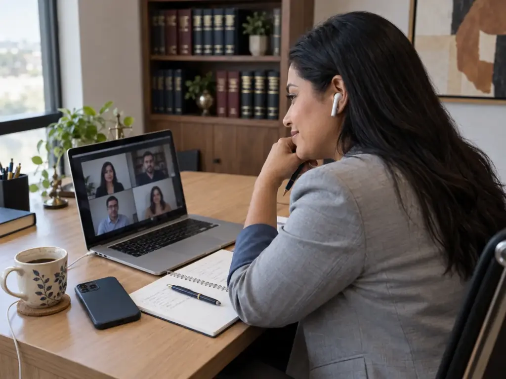 ¿La CIE Revisa el Salario Mínimo Profesional de Extranjeros? 8 Abogada migratoria en videollamada con un cliente extranjero sobre el límite del diez por ciento y los permisos de trabajo