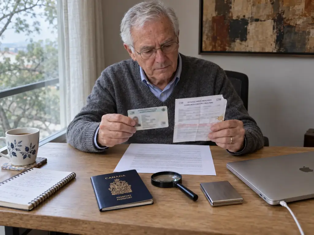 Jubilado canadiense comparando su tarjeta de residente y una FMM deteriorada sobre el escritorio de su casa en México