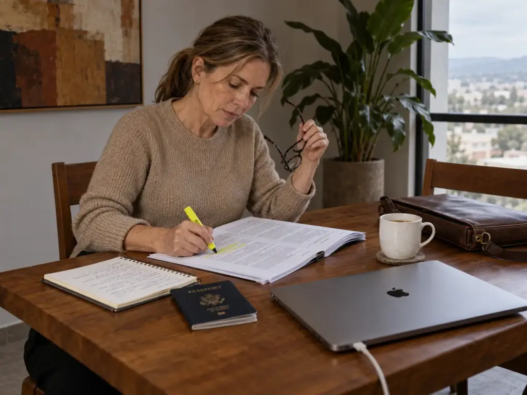 Mujer estadounidense subraya en una copia impresa de la Ley de Migración que la residencia sigue vigente tras perder la tarjeta