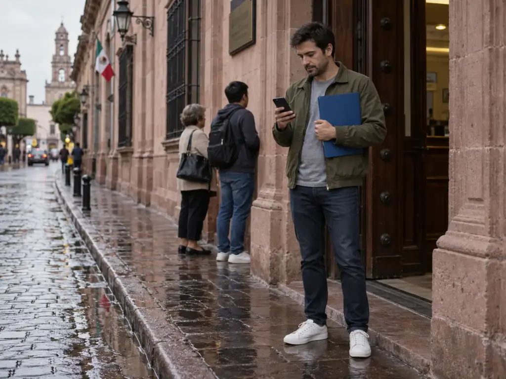 Extranjero residente con una carpeta de documentos esperando frente a un edificio de gobierno en el centro histórico de Querétaro