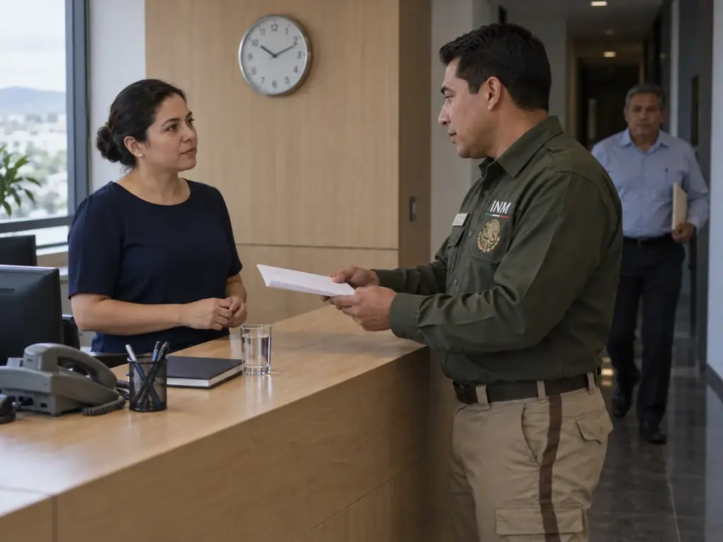 Sanciones por Contratar Extranjeros Sin CIE, Sin Mitos 8 Recepcionista atiende con calma a un agente del INM que presenta una orden escrita de visita a una empresa
