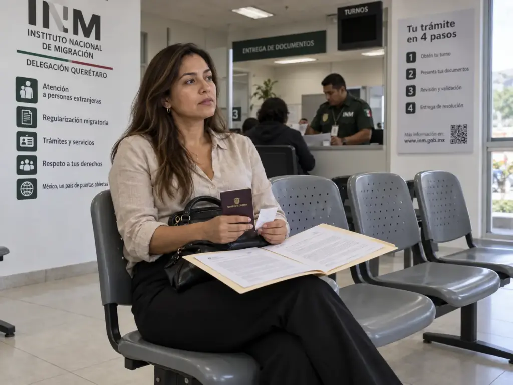 Requisitos del Contrato Laboral para Tu Visa de Trabajo 9 Mujer colombiana esperando su turno en una oficina del INM con su expediente de visa de trabajo en la mano