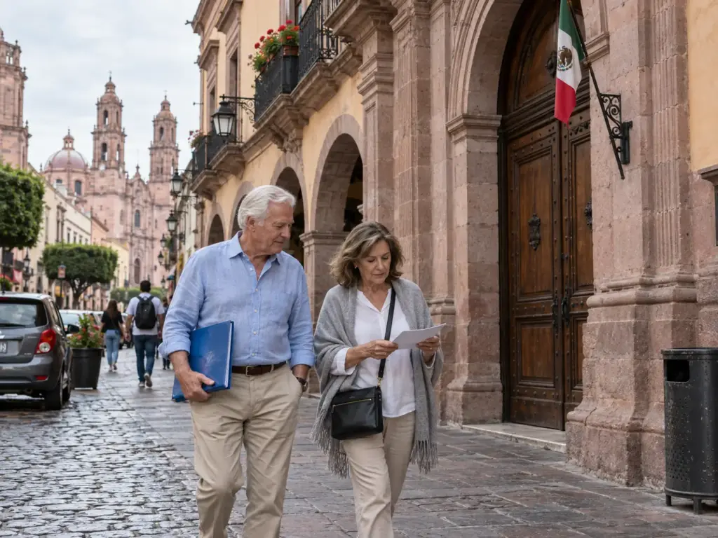 Pareja de expatriados caminando con una carpeta de documentos en el Centro Histórico de Querétaro rumbo a una oficina municipal