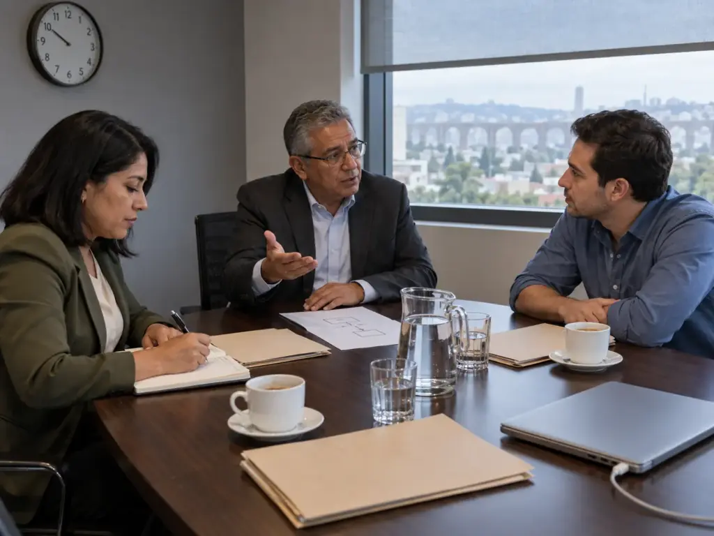 ¿La CIE Revisa el Salario Mínimo Profesional de Extranjeros? 9 Abogado migratorio orientando a dos socios de una empresa sobre qué hacer según su caso con la CIE y los salarios