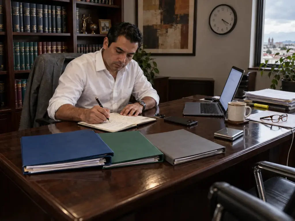 Abogado migratorio organizando tres carpetas de casos de planificación sucesoria sobre su escritorio en Querétaro