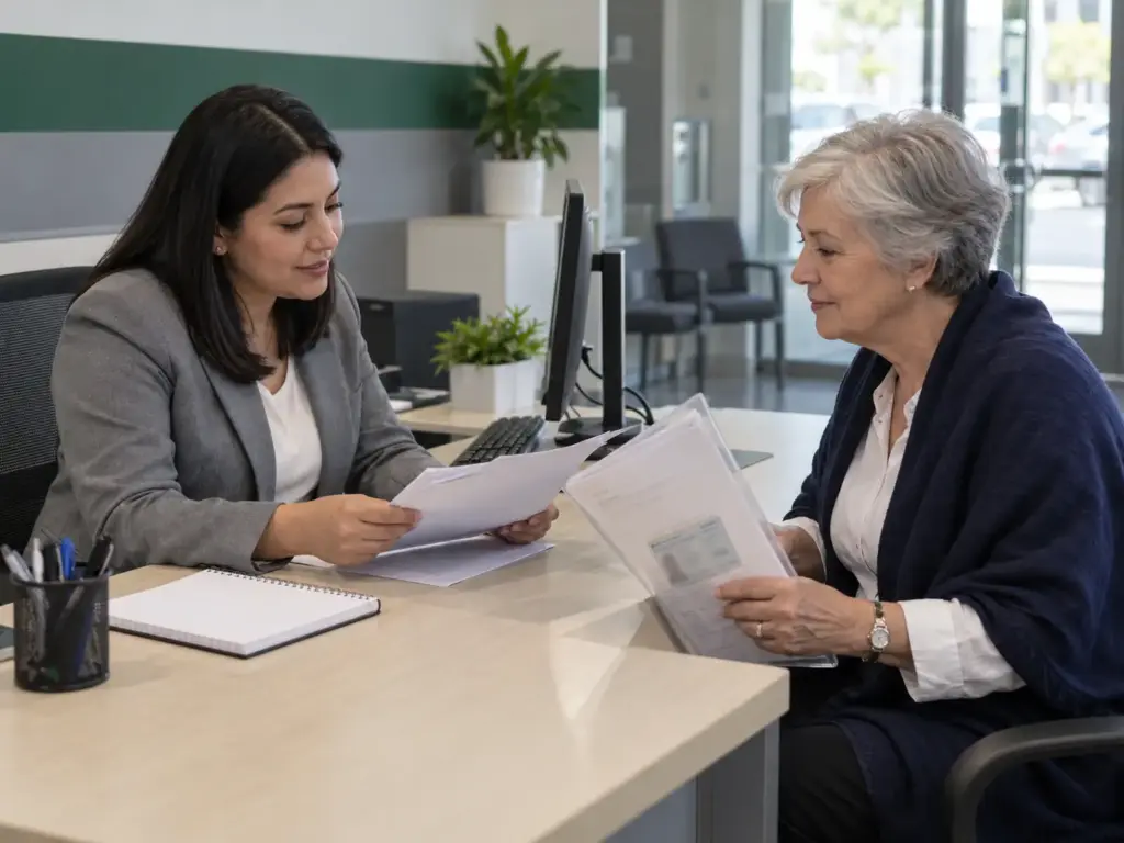 Cliente extranjera mostrando copias de su trámite del INM a una ejecutiva en el módulo de atención de un banco en Querétaro